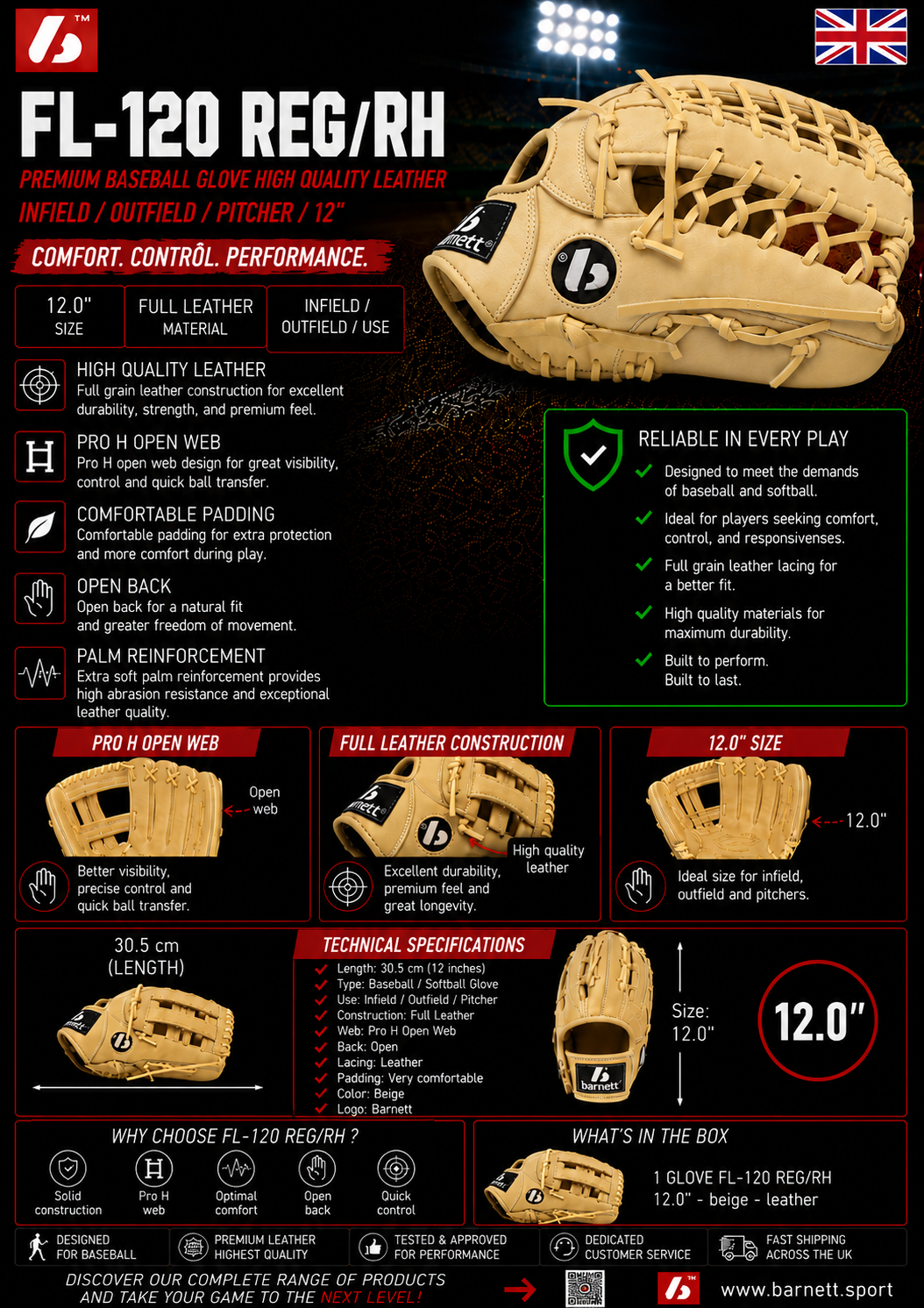 FL-120 high quality, leather baseball glove, infield/outfield / pitcher 12, Beige