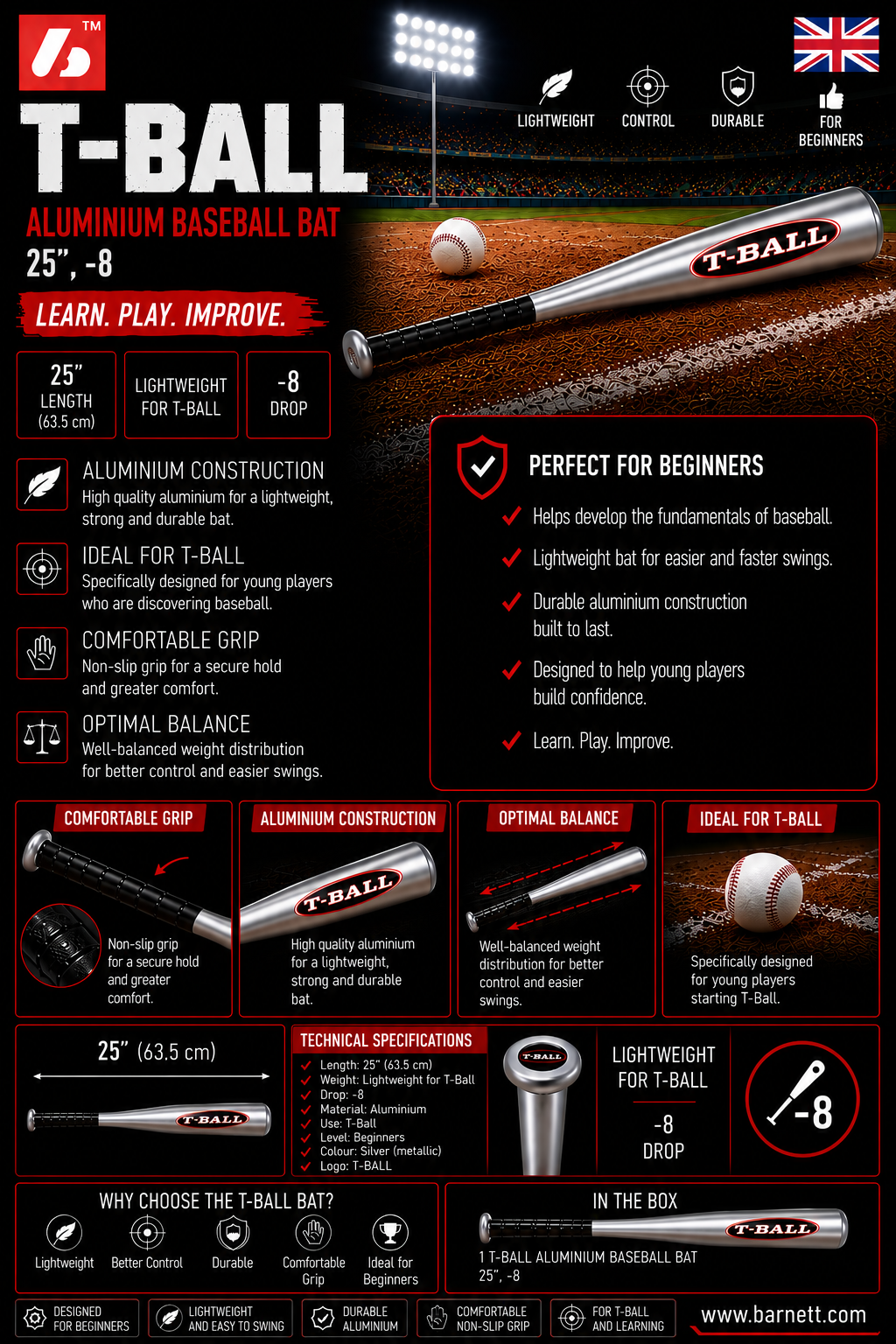 T-BALL Aluminium baseball bat, Size 25 (71,12 cm), Silver metal