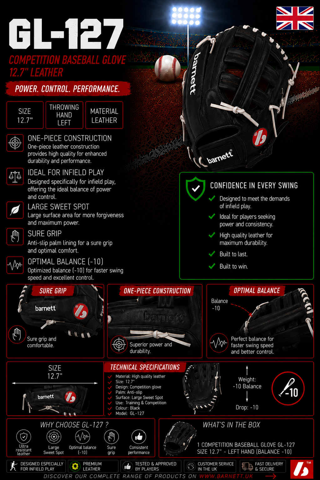 GL-127 Competition baseball glove, genuine leather, outfield 12.7, Black