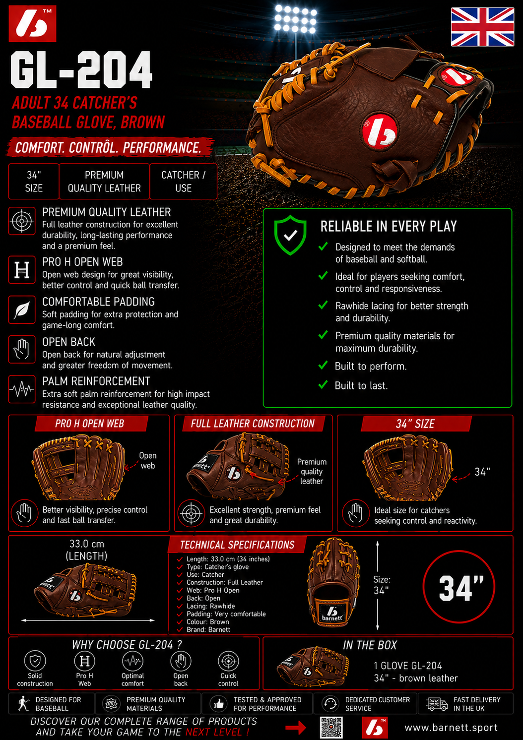 GL-204 RH Adult Leather Baseball Catcher's Mitt (34-inch), Brown