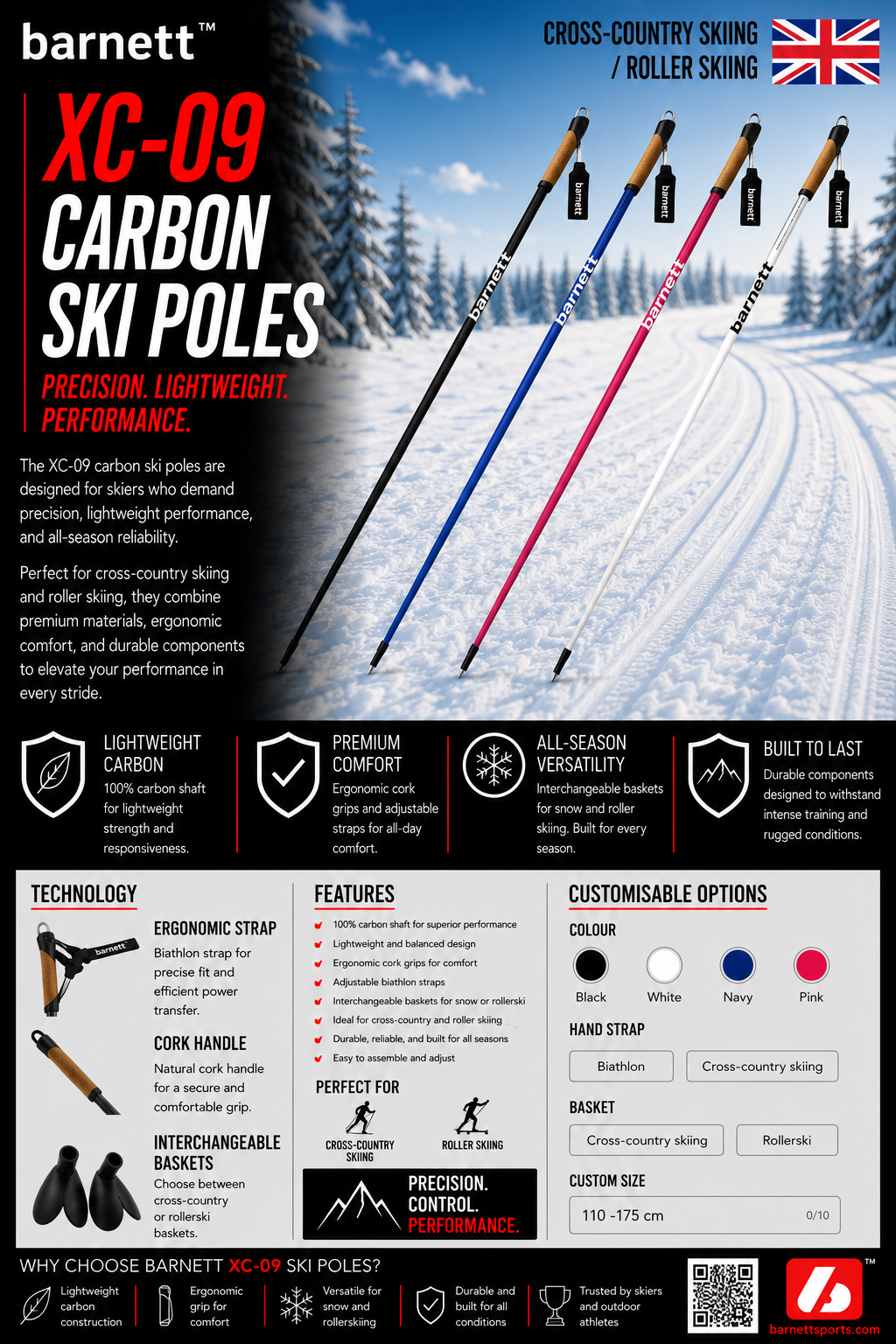 XC-09 Carbon Ski Poles for Nordic and Roller Skiing