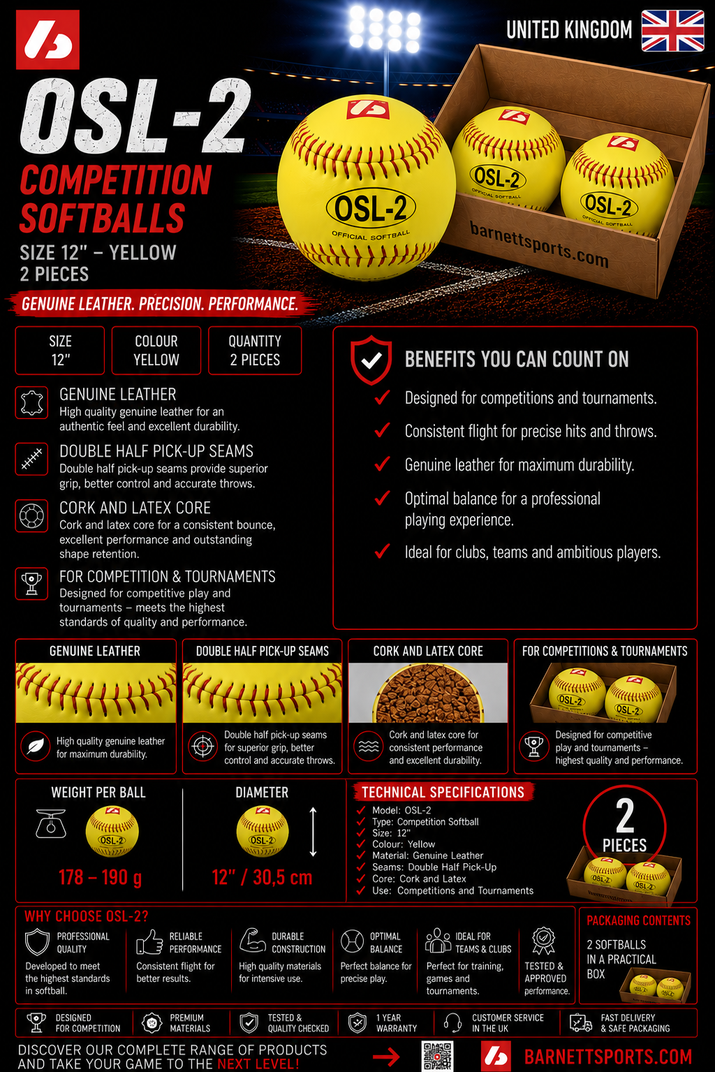 OSL-2 Competition softball, size 12", yellow, 1 dozen