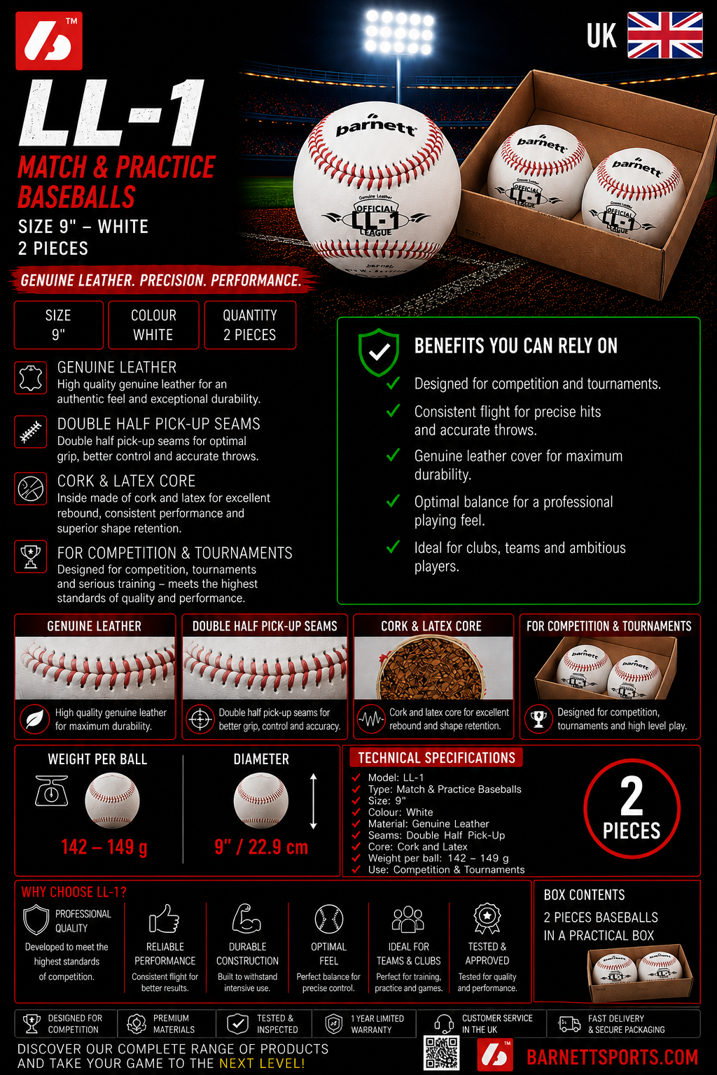 LL-1 Match and practice baseballs, Size 9", White, 2 pieces