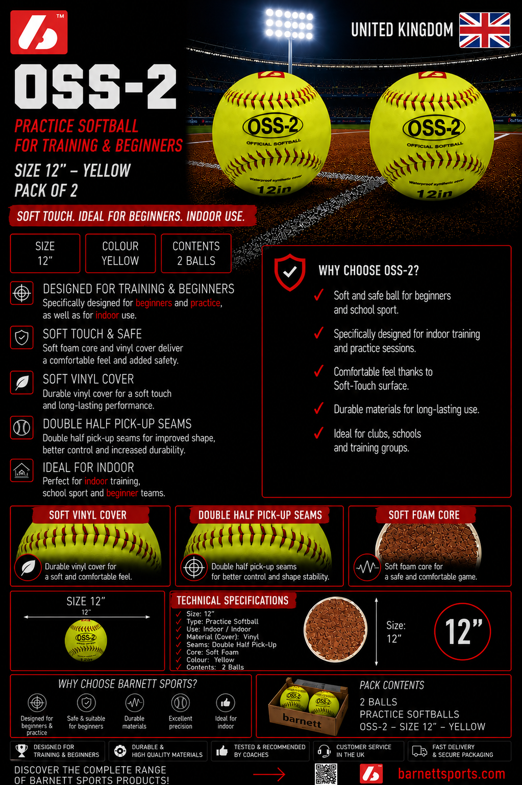 OSS-2 Practice softball ball, soft touch, size 12", yellow, 1 dozen