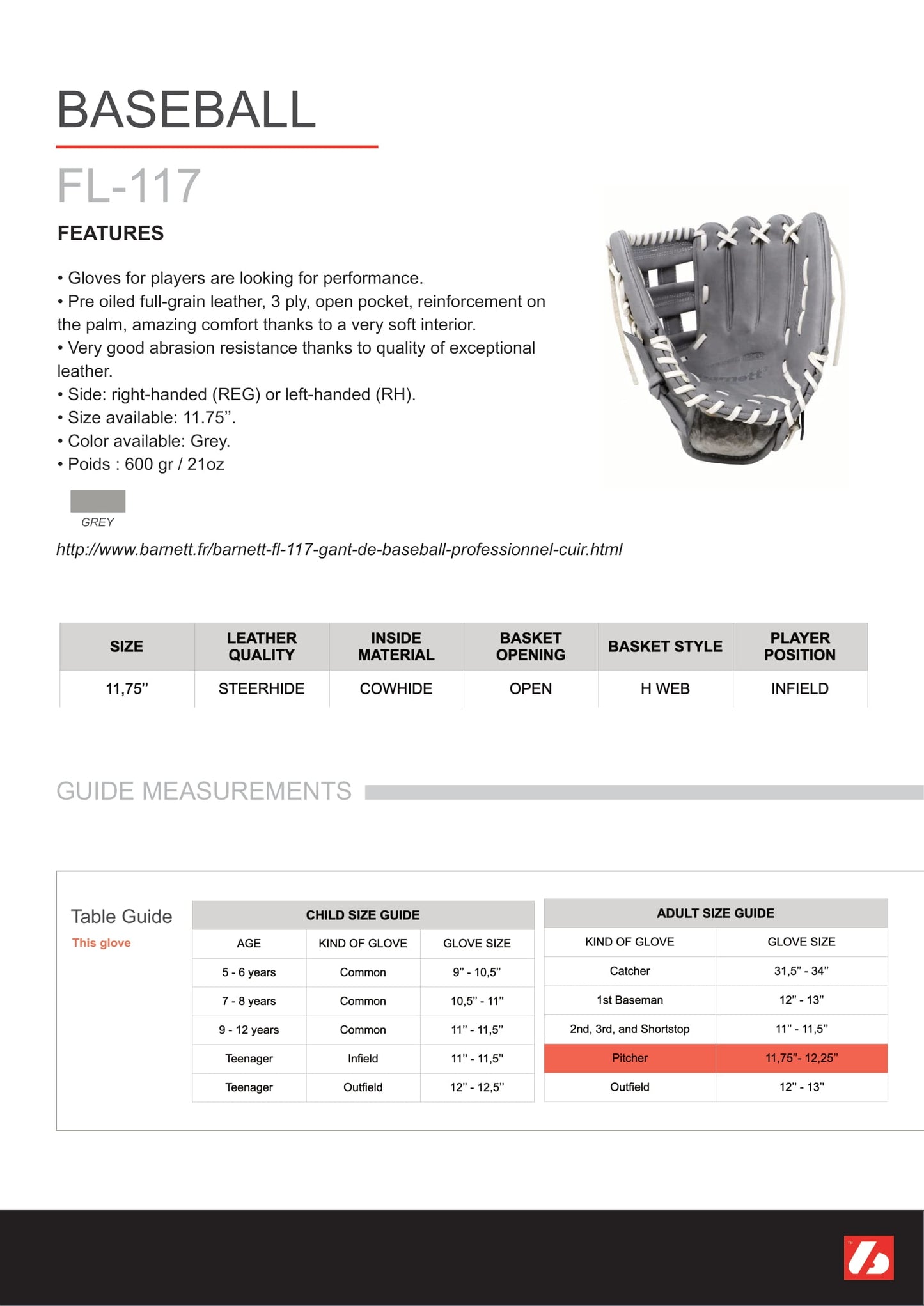 FL-117 high quality baseball and softball glove, leather, infield / fastpitch 11.7, light grey