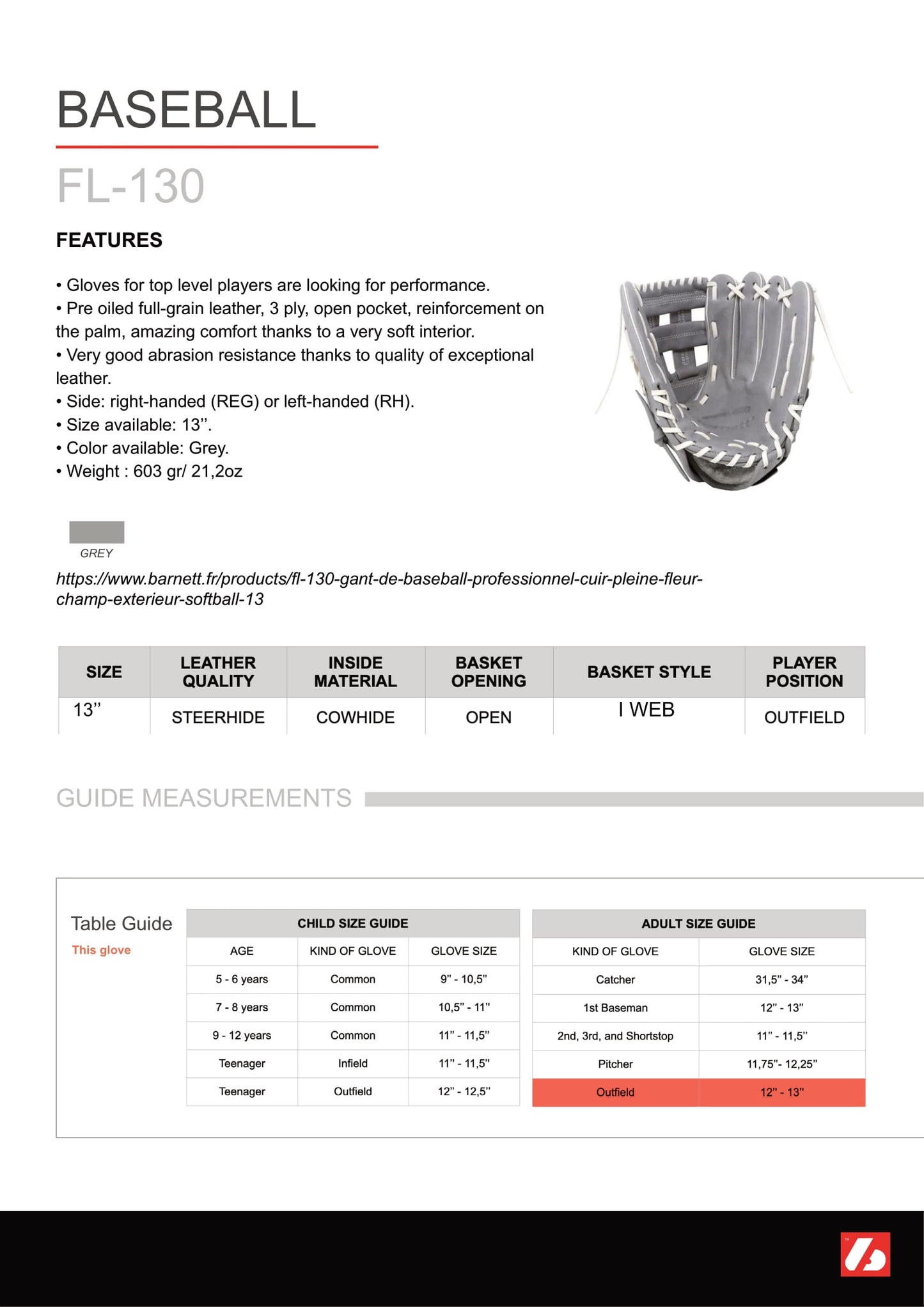 FL-130 professional baseball glove, full grain leather, outfield, softball, 13''