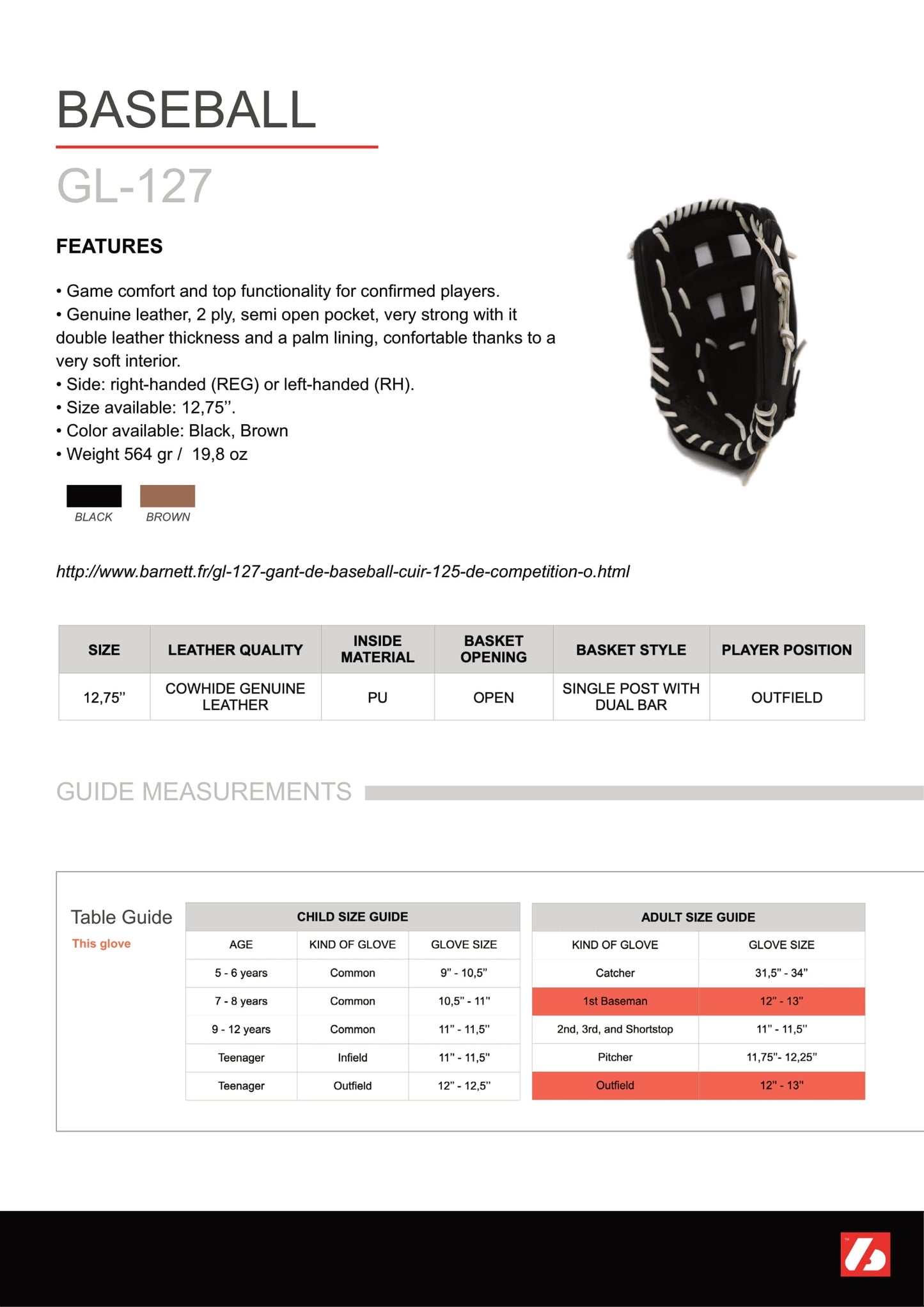 GL-127 Competition baseball glove, genuine leather, outfield 12.7, Brown