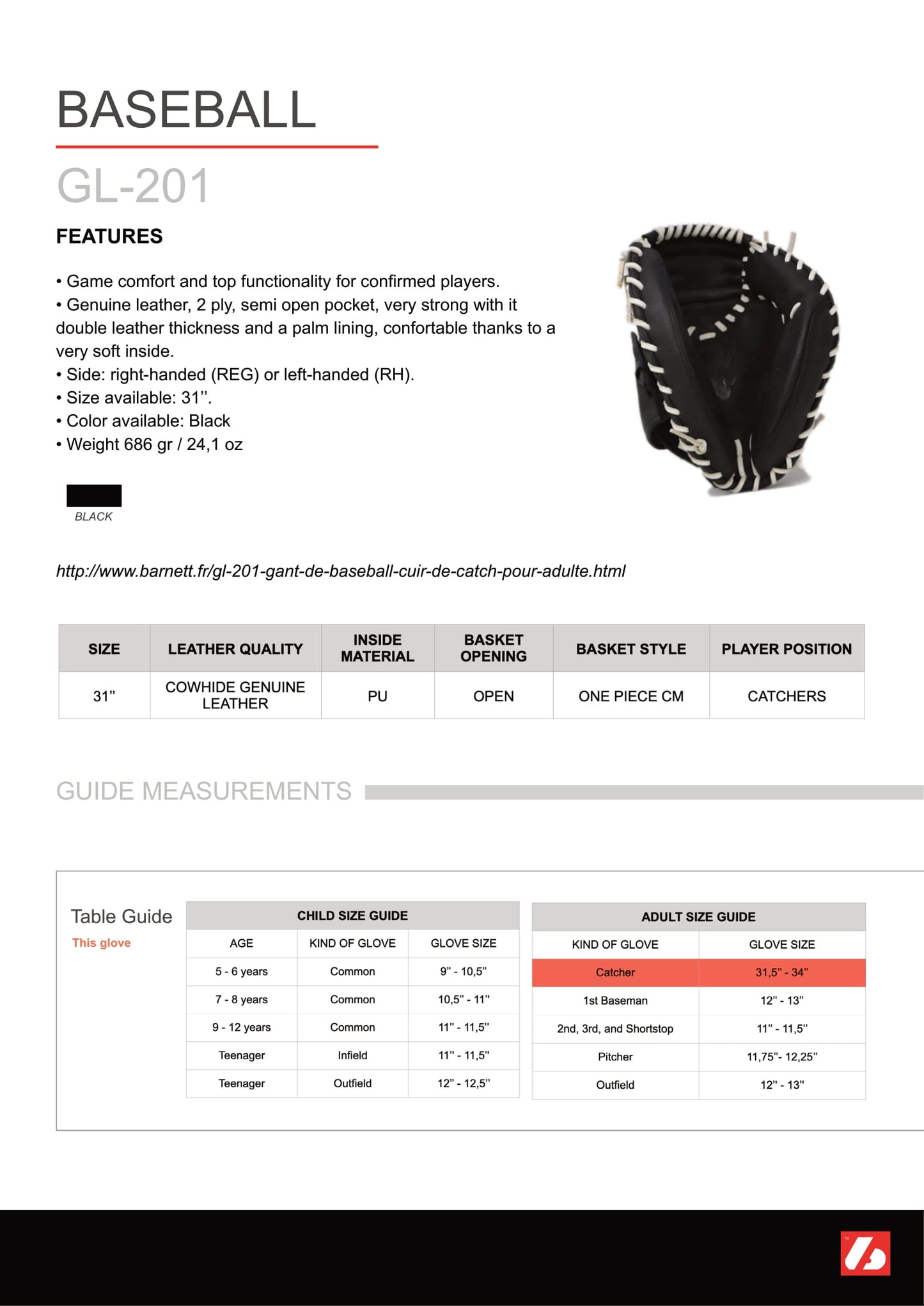 GL-201 Competition catcher baseball glove, genuine leather, adult 32, Black
