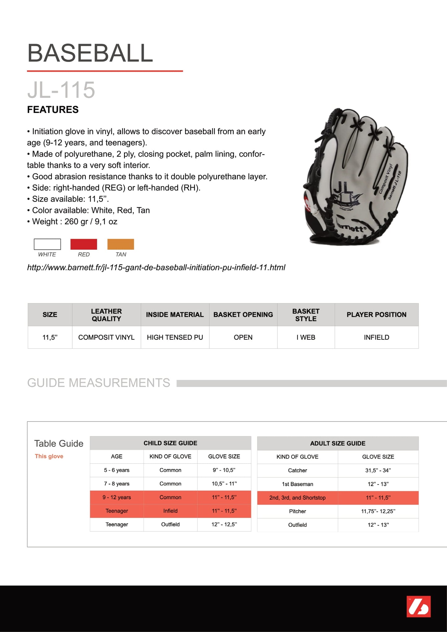JL-115 baseball glove, outfield, polyurethane, size 11,5", TAN
