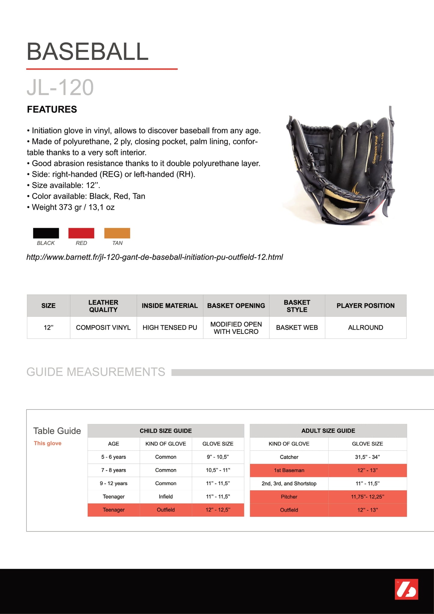 JL-120 baseball glove, outfield, polyurethane, size 12,5", TAN