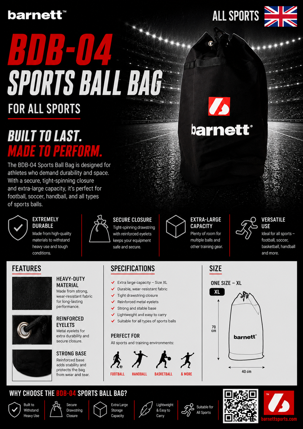 BDB-04 Sport bag for balls, Size XL, Black