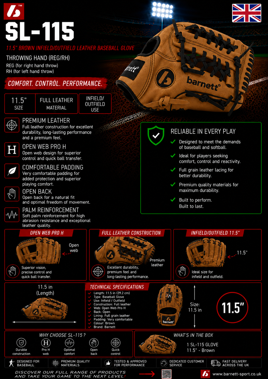 SL-115 Baseball gloves in leather infield/outfield size 11.5, Brown