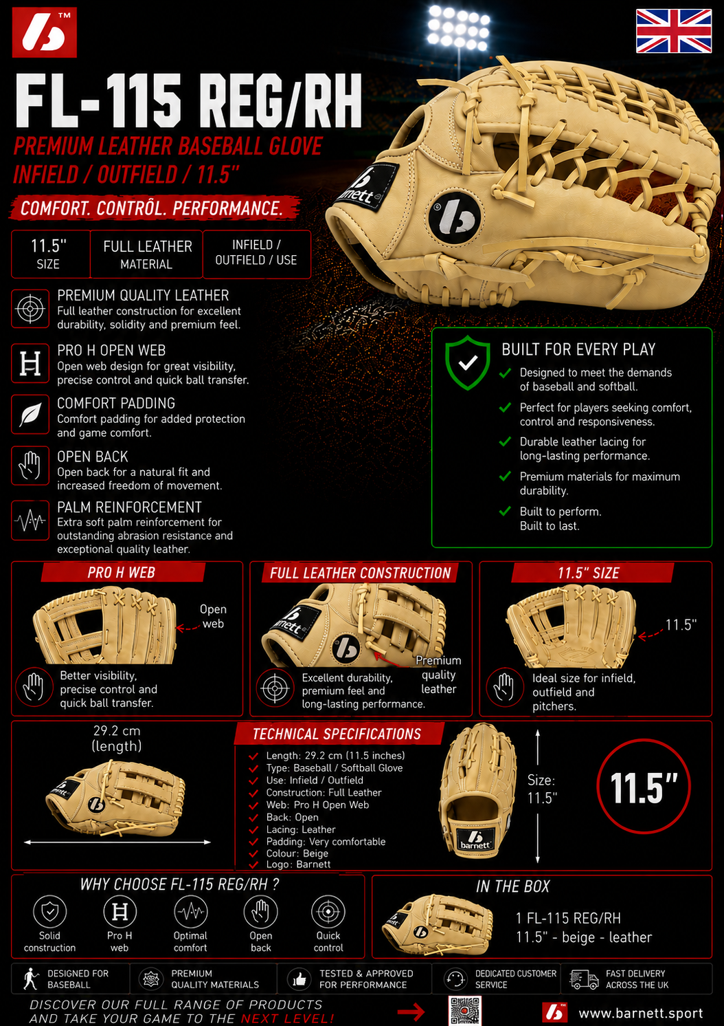 FL-115 baseball glove, high quality, leather, infield/outfield 11, Beige