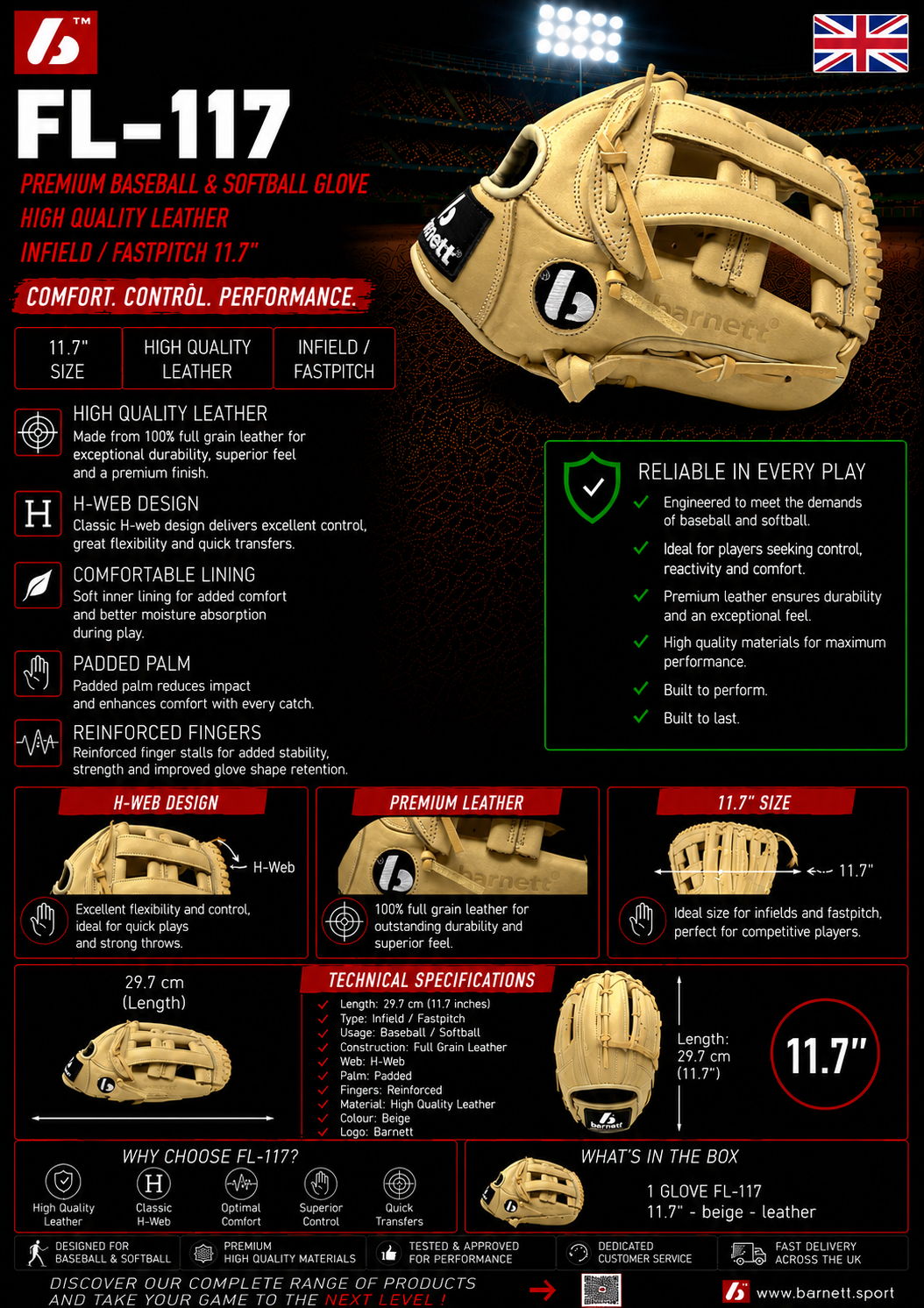 FL-117 high quality baseball and softball glove, leather, infield / fastpitch 11.7, Beige