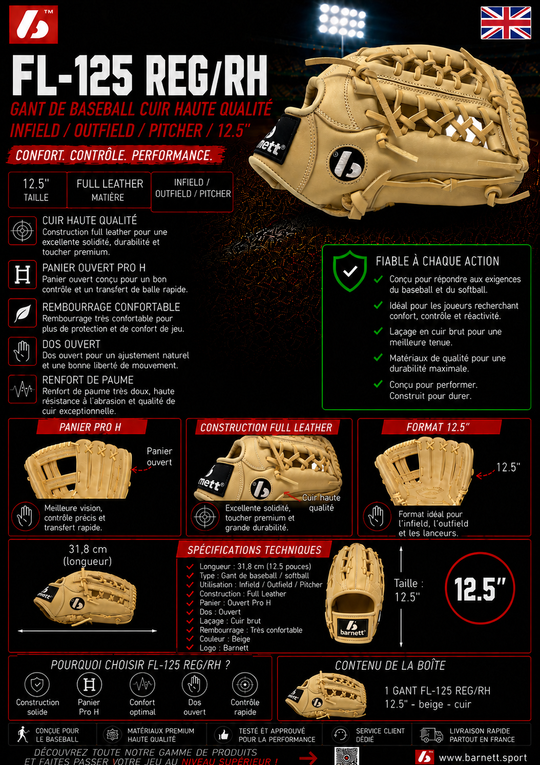 FL-125  high quality leather baseball glove, infield / outfield / pitcher, Beige