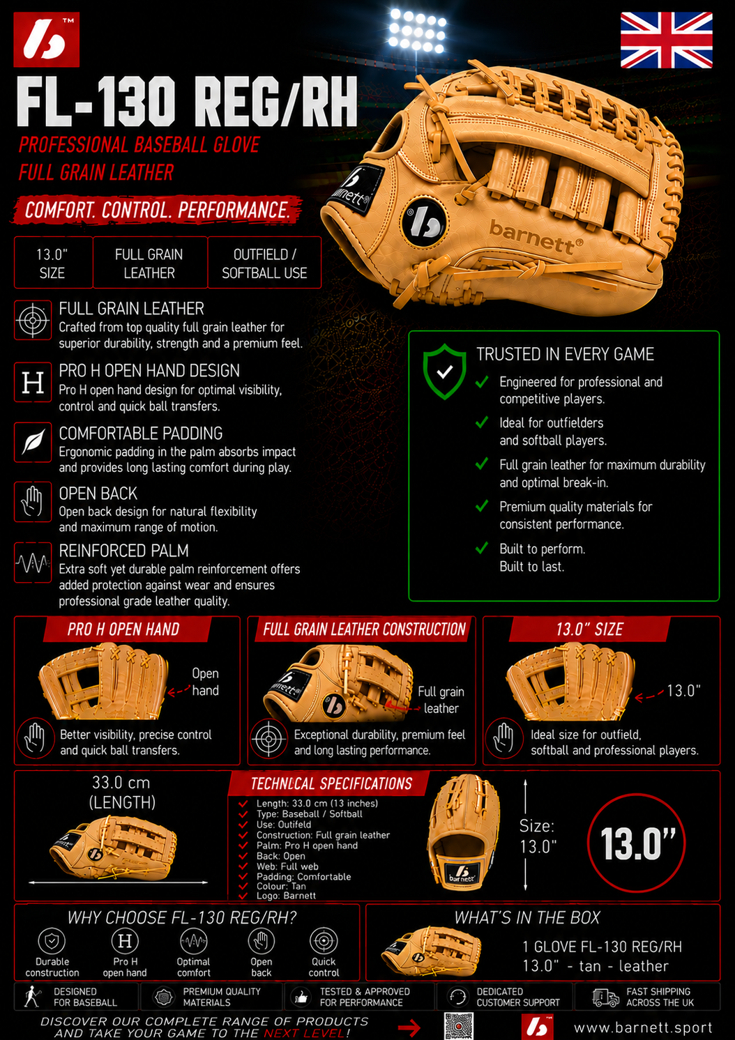 FL-130 professional baseball glove, full grain leather, outfield, softball, 13''