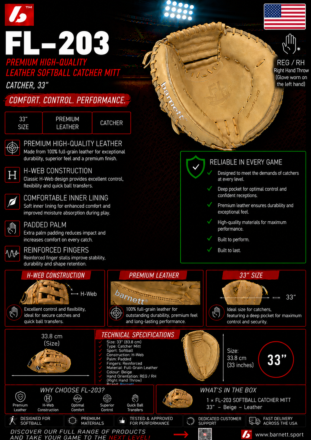 FL-203  softball glove, high quality, leather, catcher, 33'' Beige