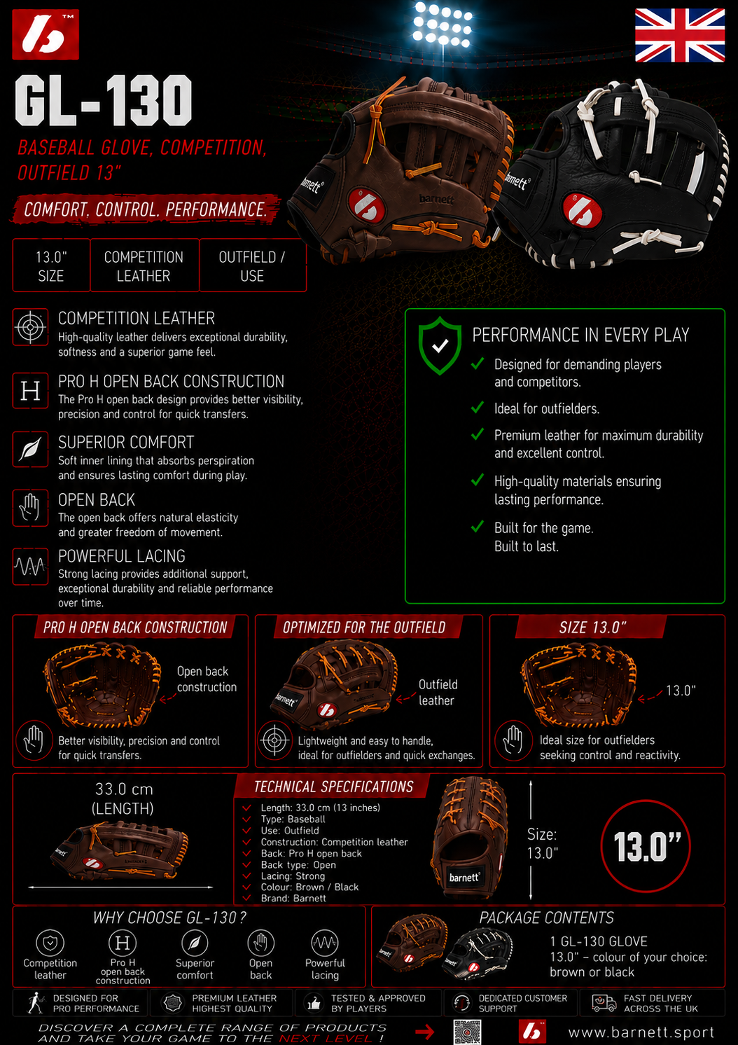 GL-130 Competition baseball glove, genuine leather, outfield 13, Brown