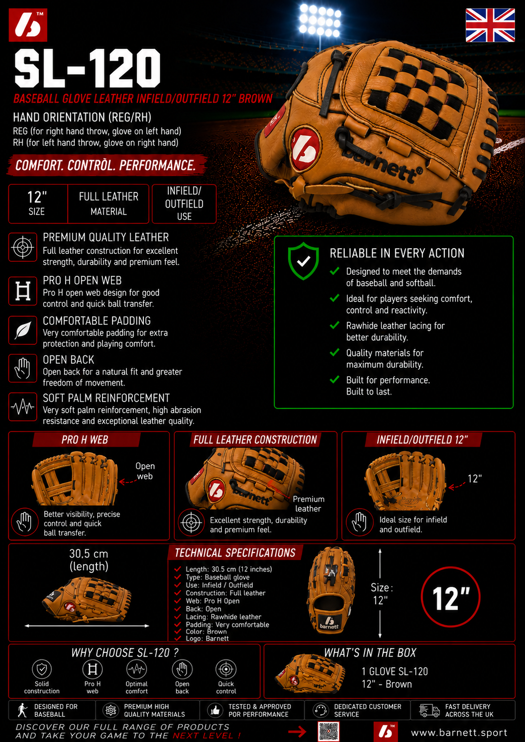 SL-120 Baseball gloves in leather infield/outfield, size 12, brown