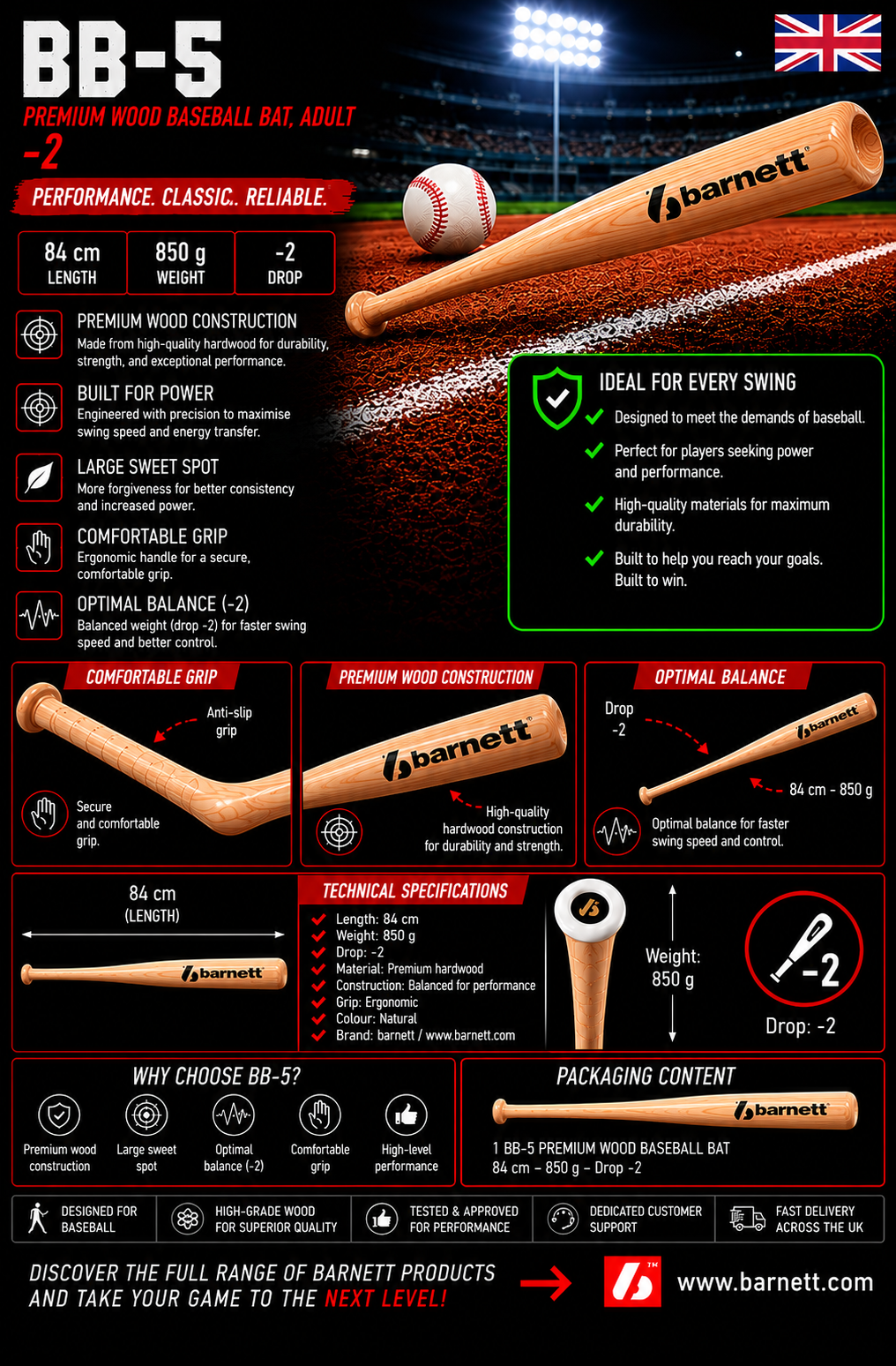 BB-5 Baseball bat in superior maple wood, high resistance, pro