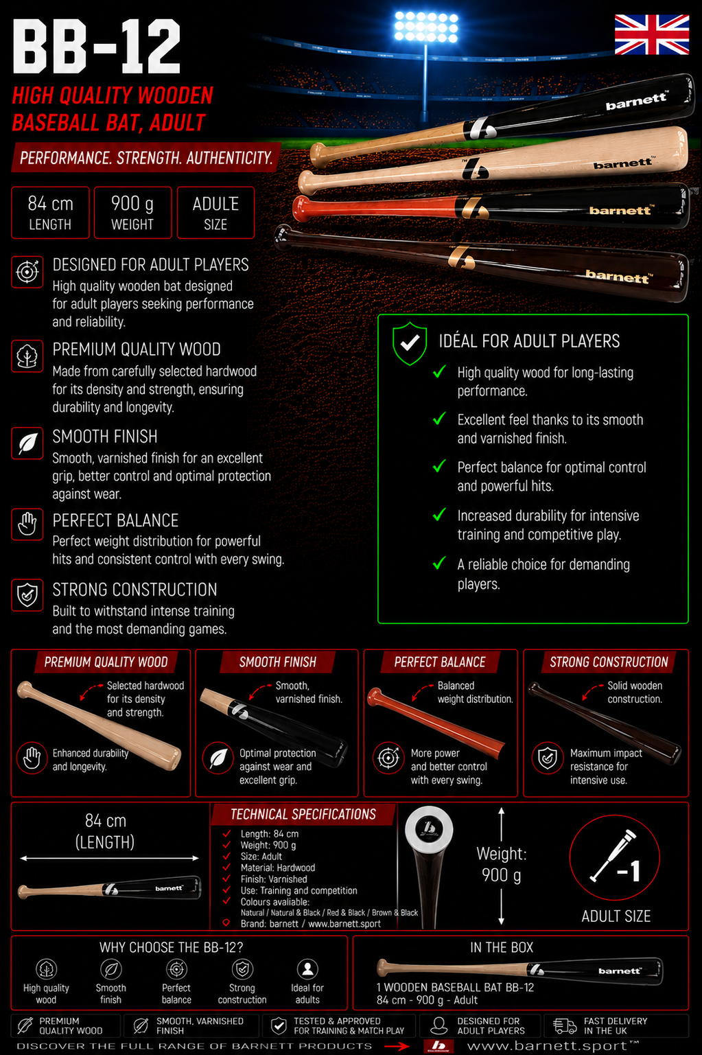 BB-12 baseball bat in quality wood, adult