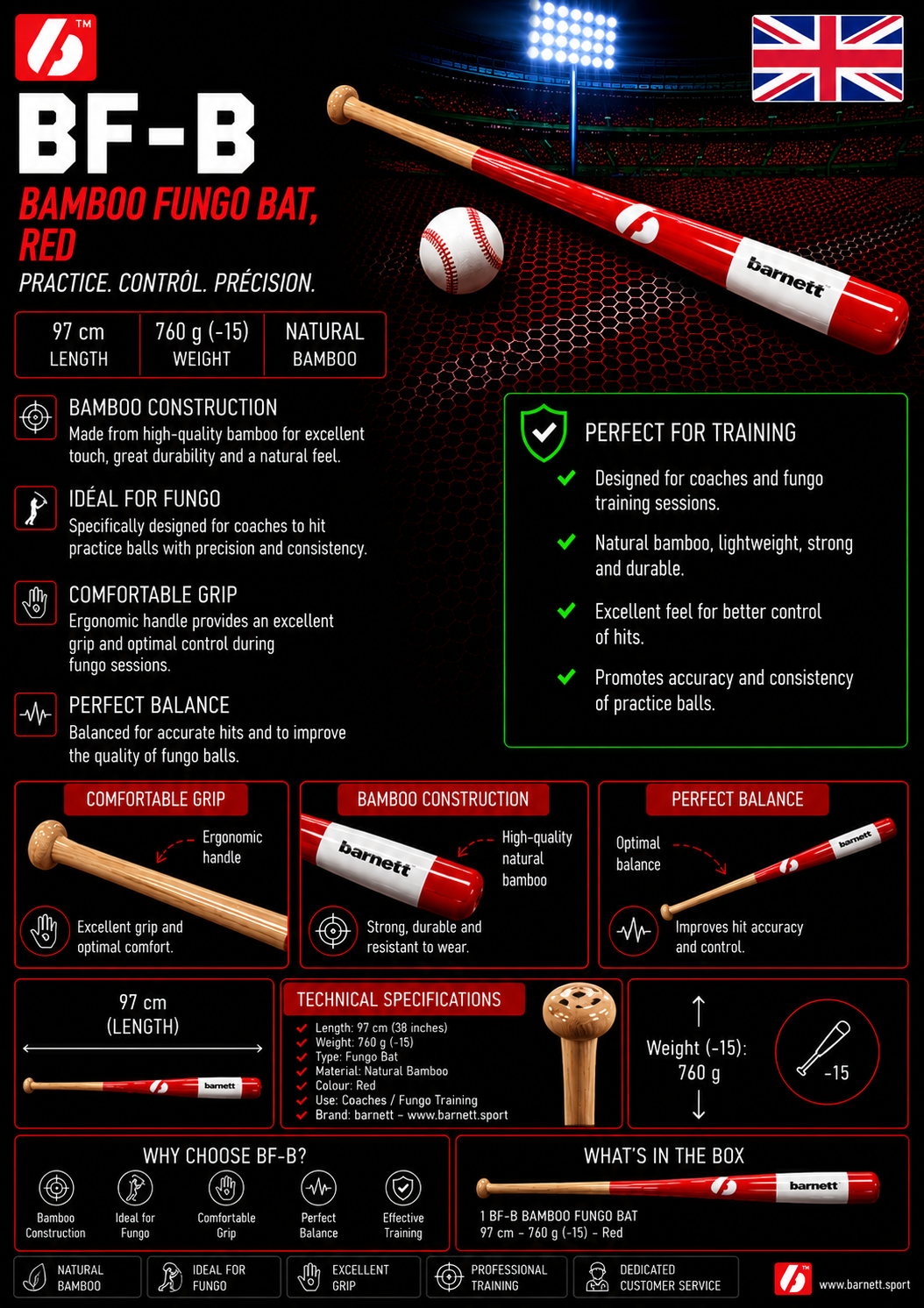 BF-B Baseball bat, fungo bamboo, size 35 (88,9 cm) RED