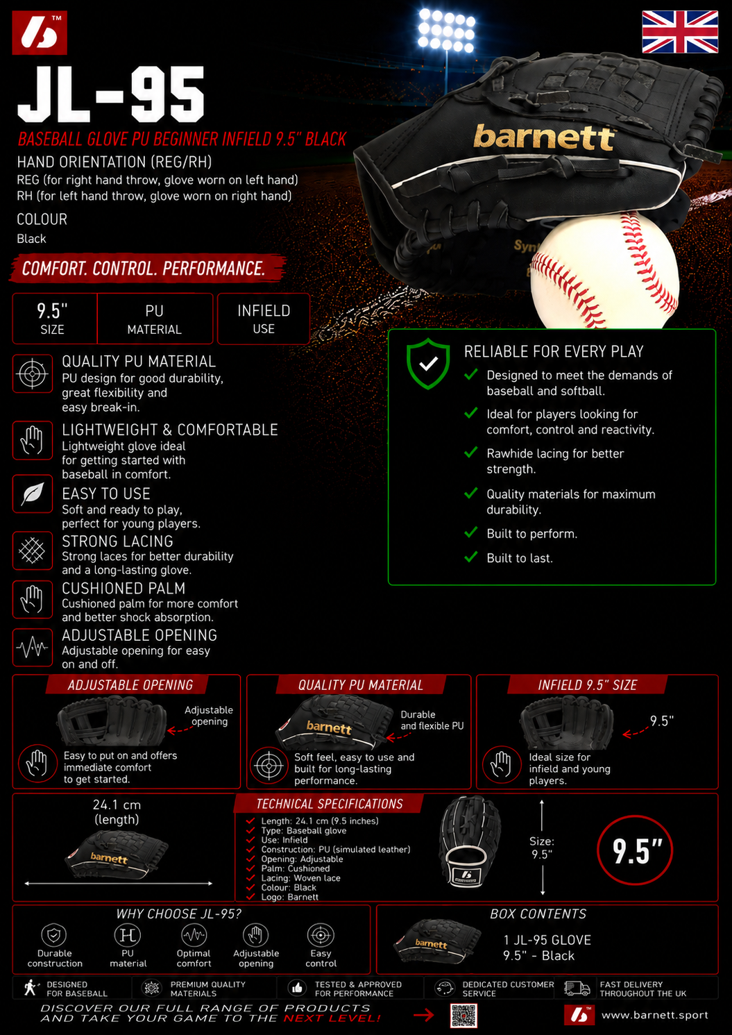 JL-95 Composite baseball glove, Infield,  size 9.5, Black