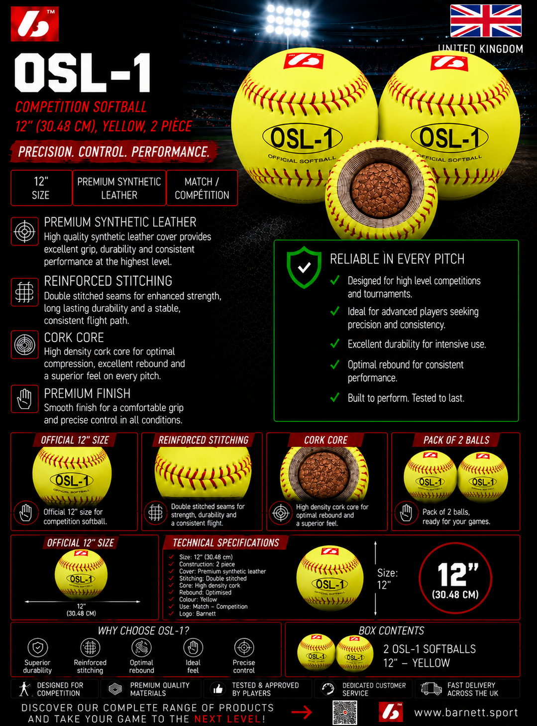 OSL-1 High competition softball, size 12", yellow, 1 dozen