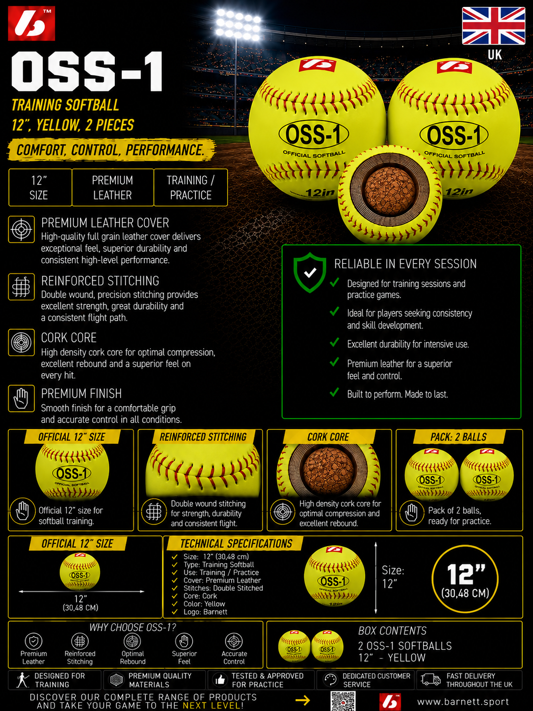 OSS-1 Practice softball ball, size 12", yellow, 2 pieces