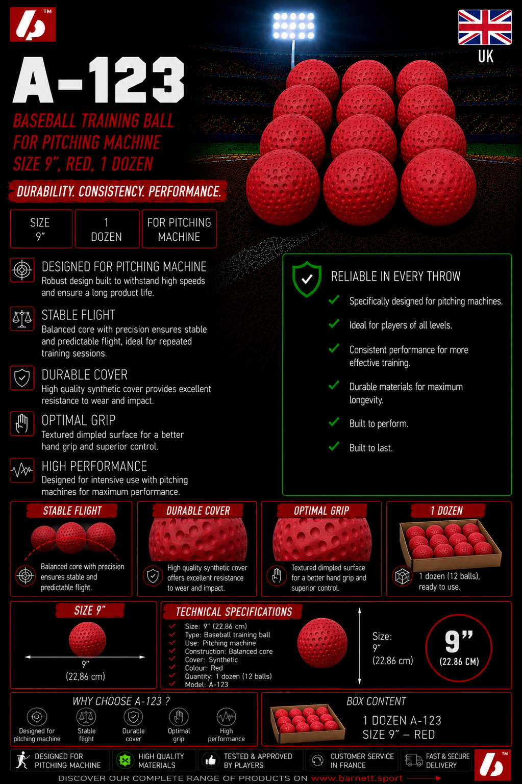 A- 123 baseball balls for throwing machine, size 9'', Red/Yellow, 12 pieces