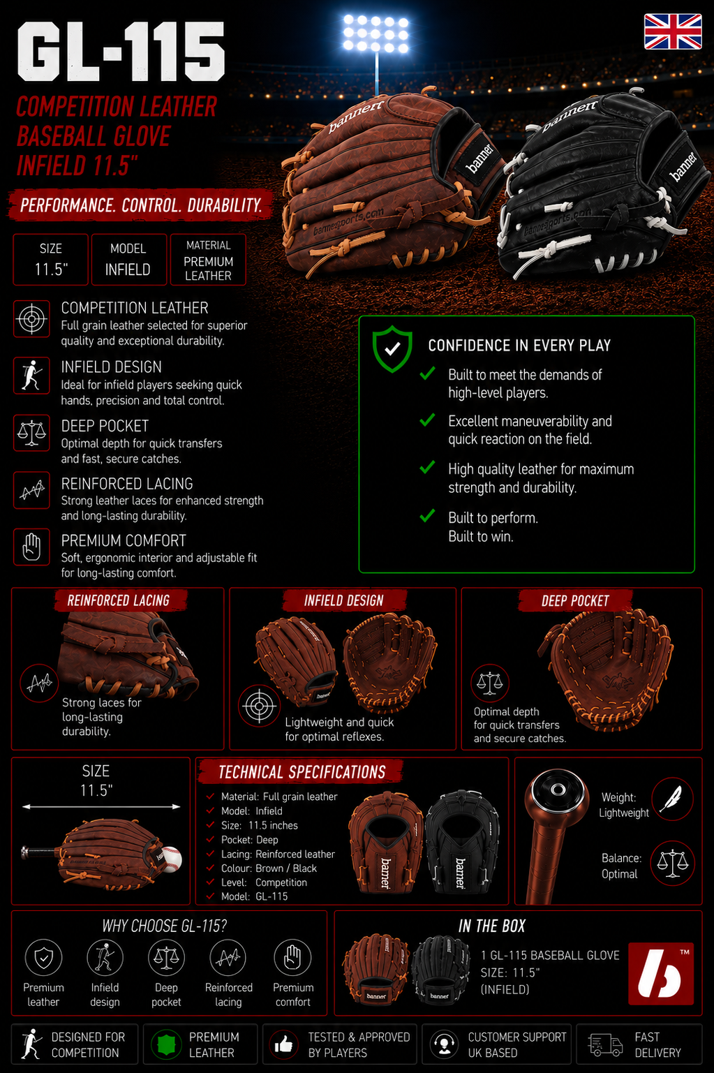 GL-115  Competition infield baseball Glove 11.5, black