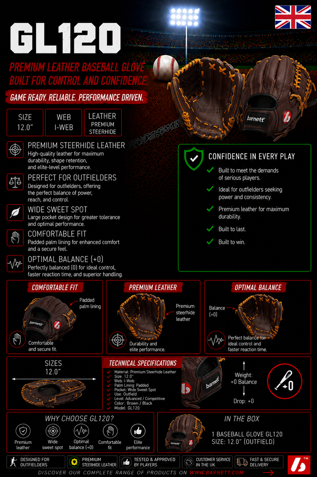 GL-120 Competition baseball glove, genuine leather, outfield 12 Black