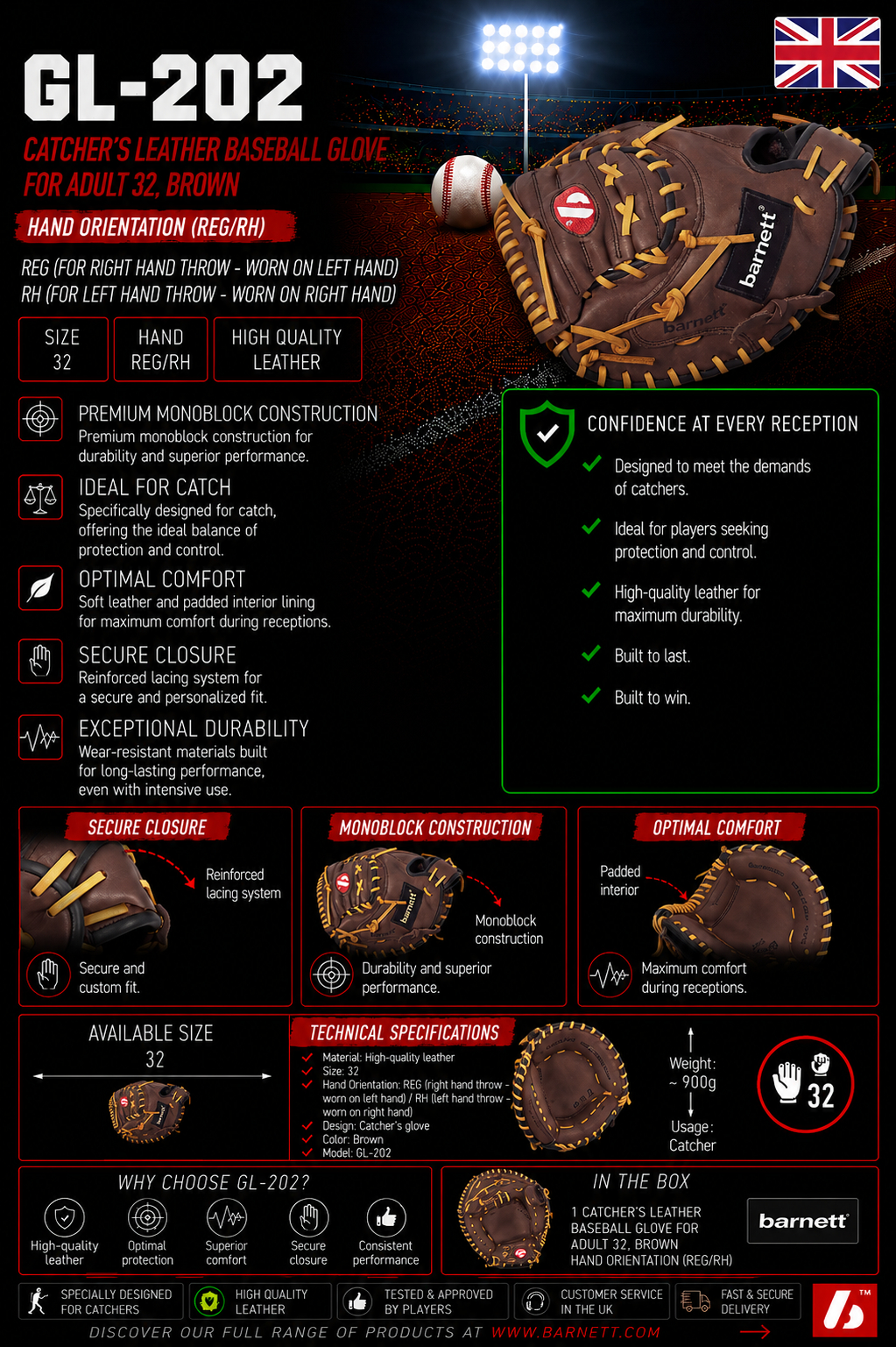 GL-202 Competition catcher baseball glove, genuine leather, adult 32, Brown
