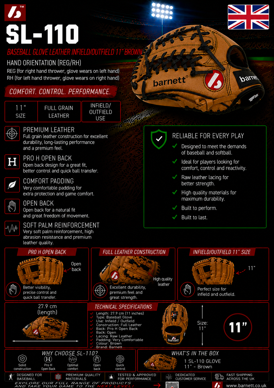 SL-110 Baseball gloves in leather infield/outfield size 11, Brown