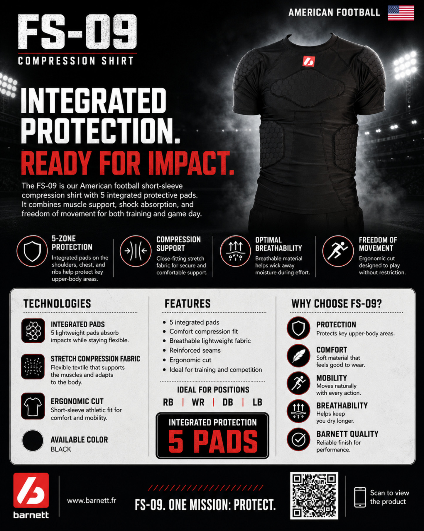 FS-09 compression T-shirt with short sleeves, 4 integrated pieces, for American football