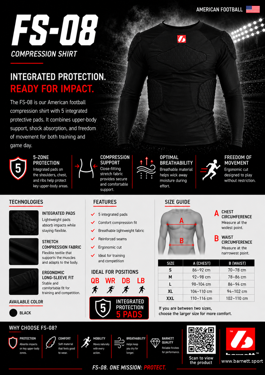 FS-08 compression T-shirt with long sleeves, 5 integrated pieces, for American football