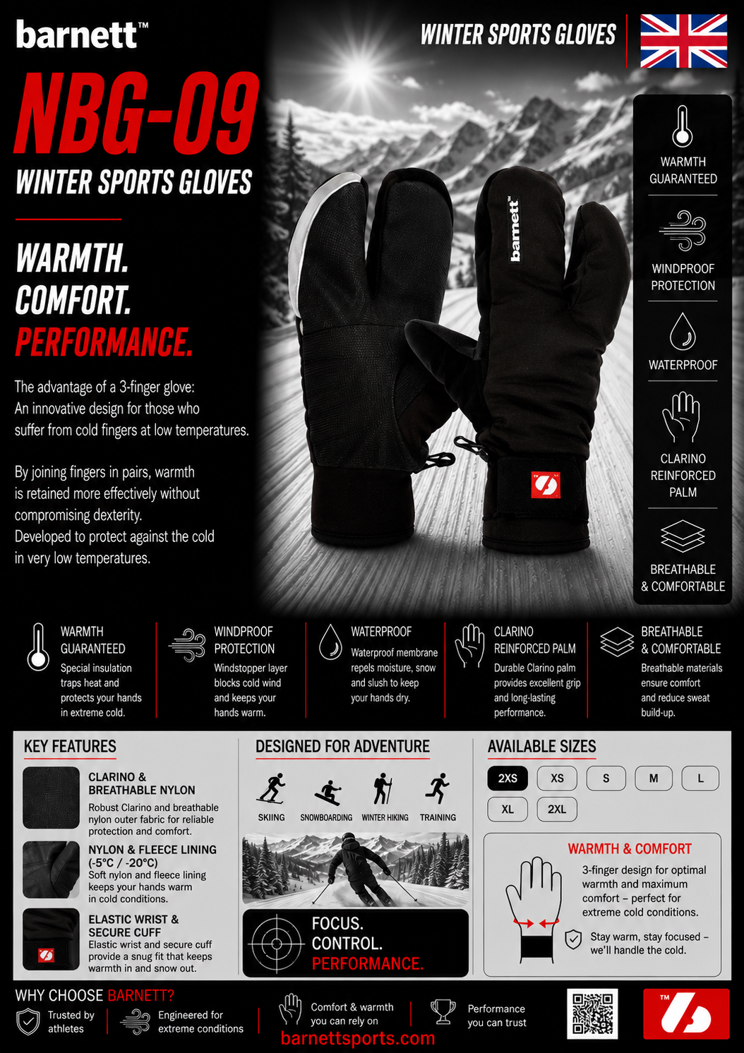 NBG-09 Barnett 3 split fingers, ski mitts in softshell