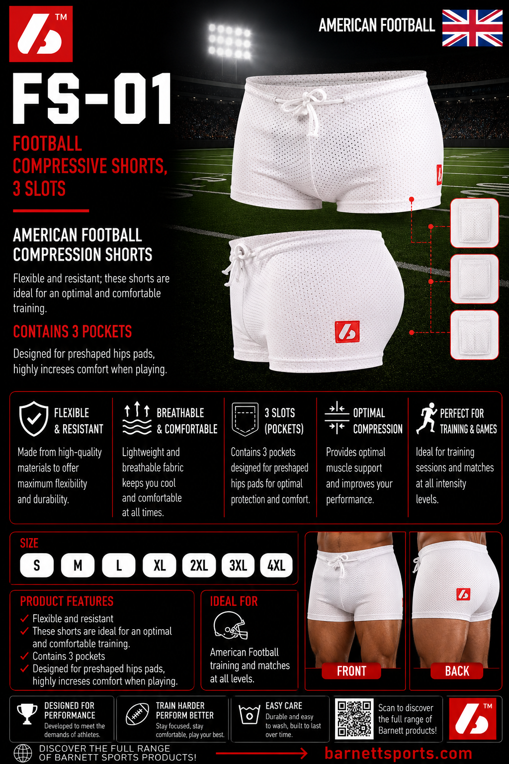 FS-01 Football compressive shorts, 3 slots, white