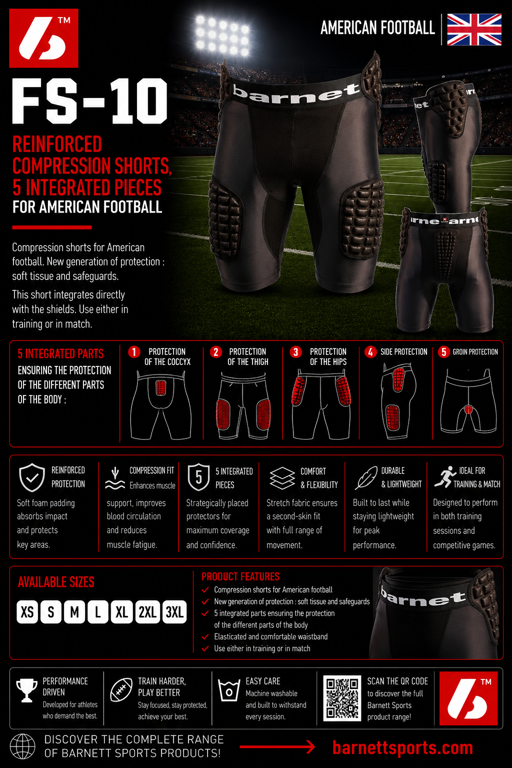 FS-10 Reinforced compression shorts, 5 integrated pieces, for American football