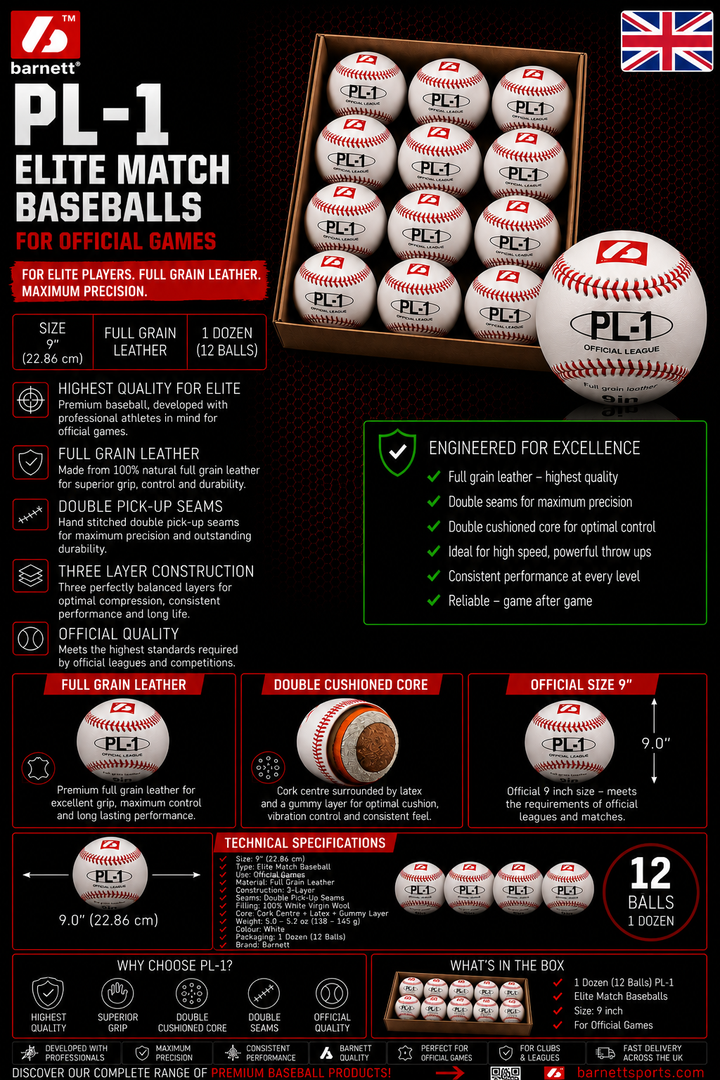 PL-1 Elite match baseballs, Size 9" White, 1 dozen