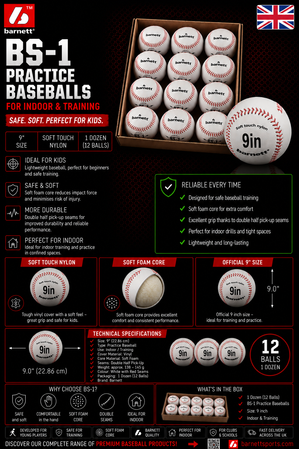 BS-1 Practice baseballs, Size 9", White, 1 dozen
