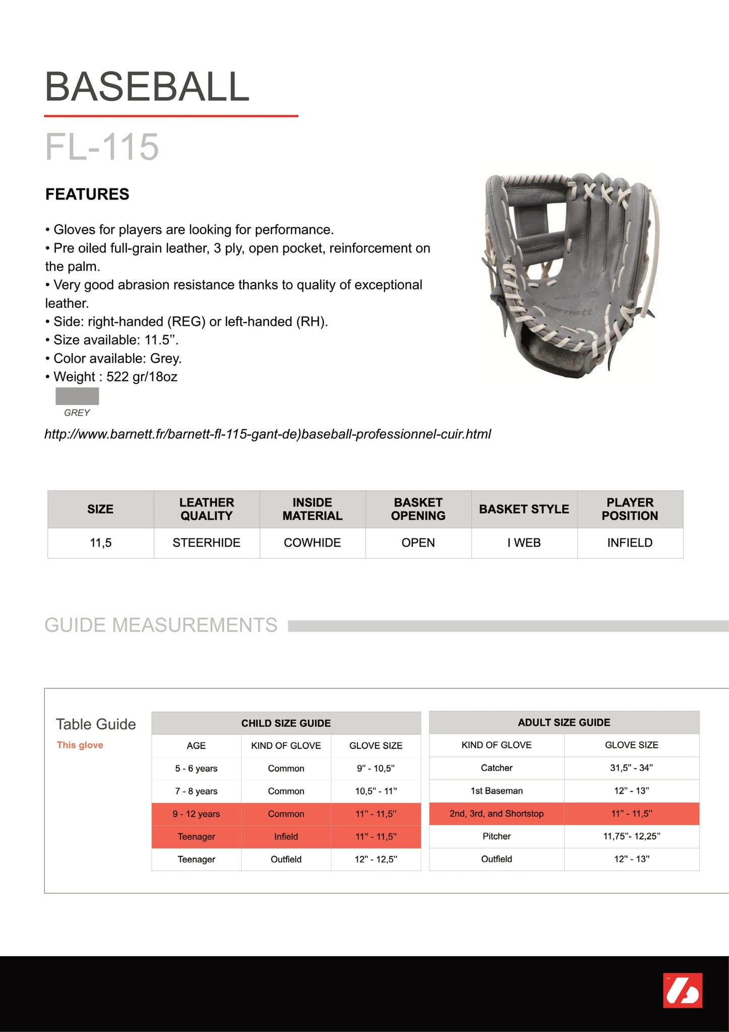 FL-115 baseball glove, high quality, leather, infield/outfield 11, light gray
