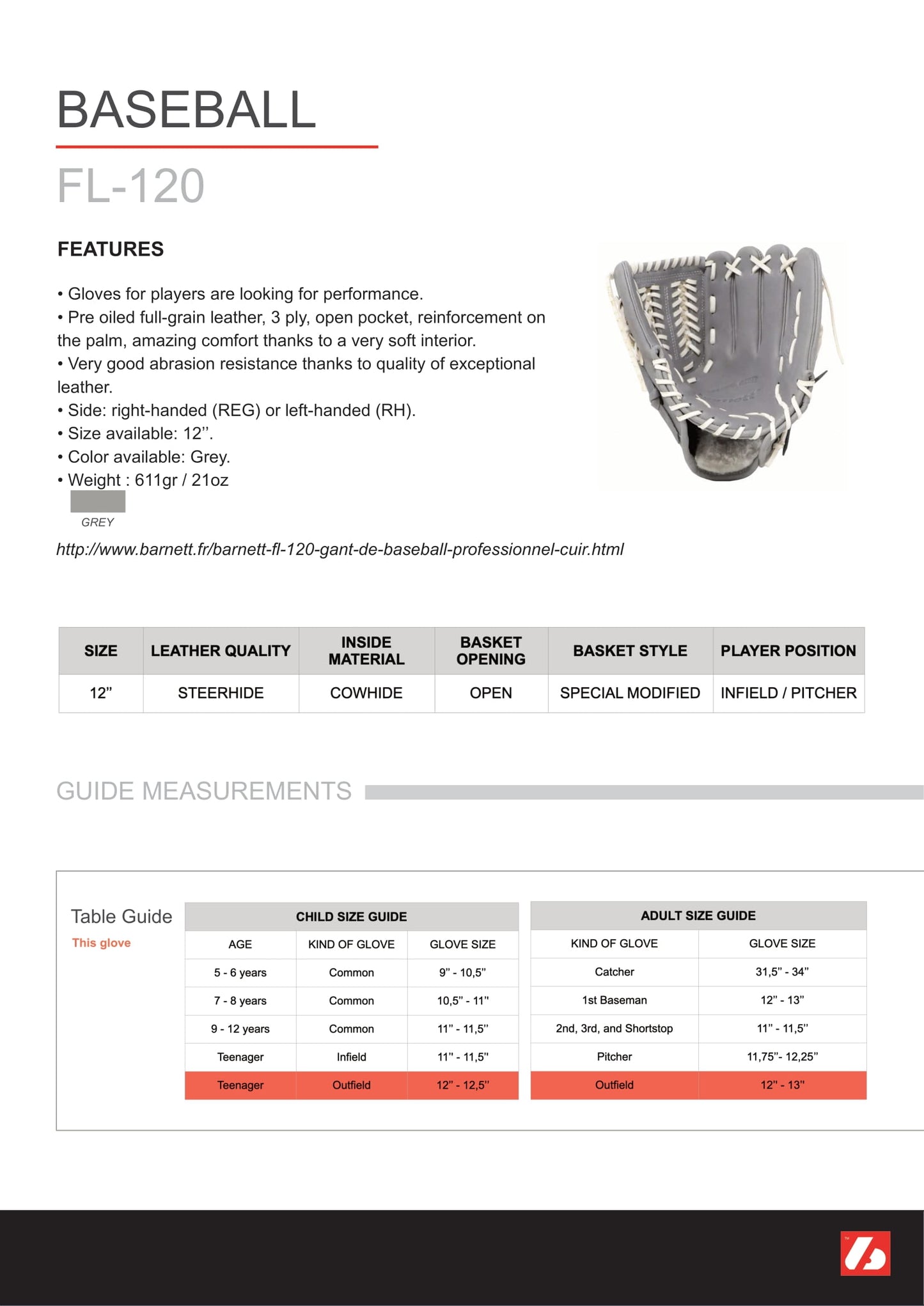 FL-120 high quality, leather baseball glove, infield/outfield / pitcher 12, light grey