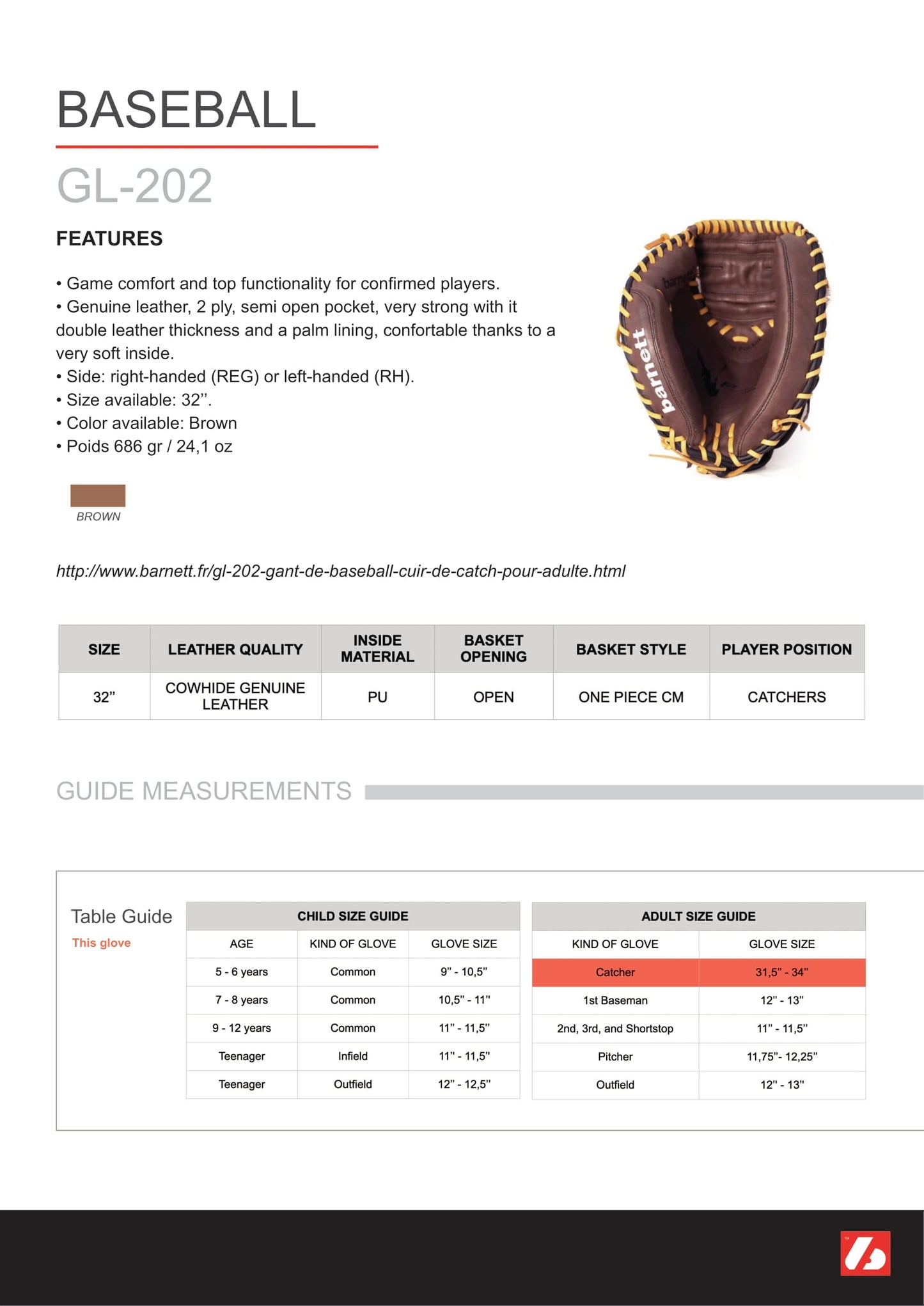 GL-202 Competition catcher baseball glove, genuine leather, adult 32, Brown