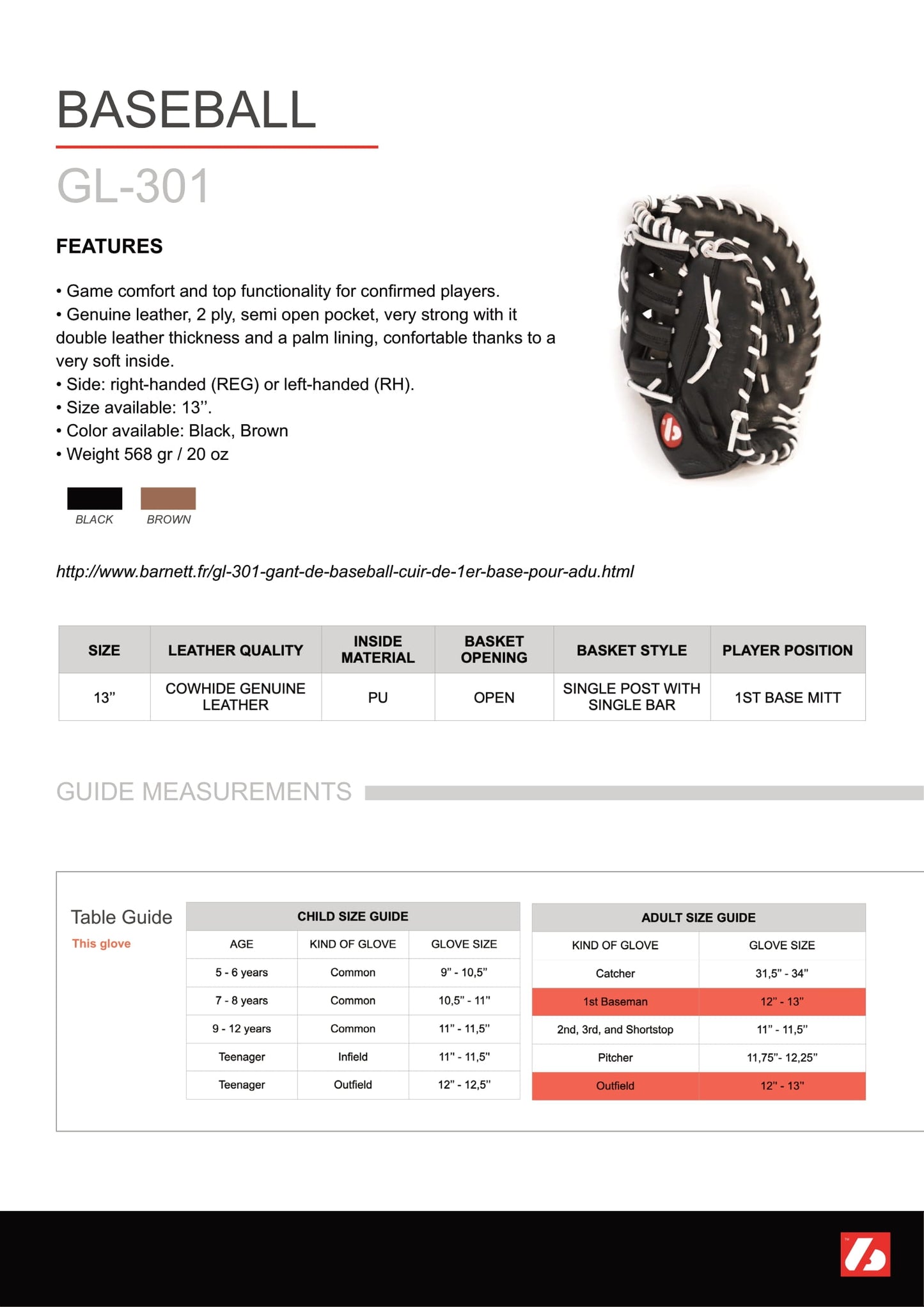 GL-301 Competition first base baseball glove, genuine leather, size 31, Brown