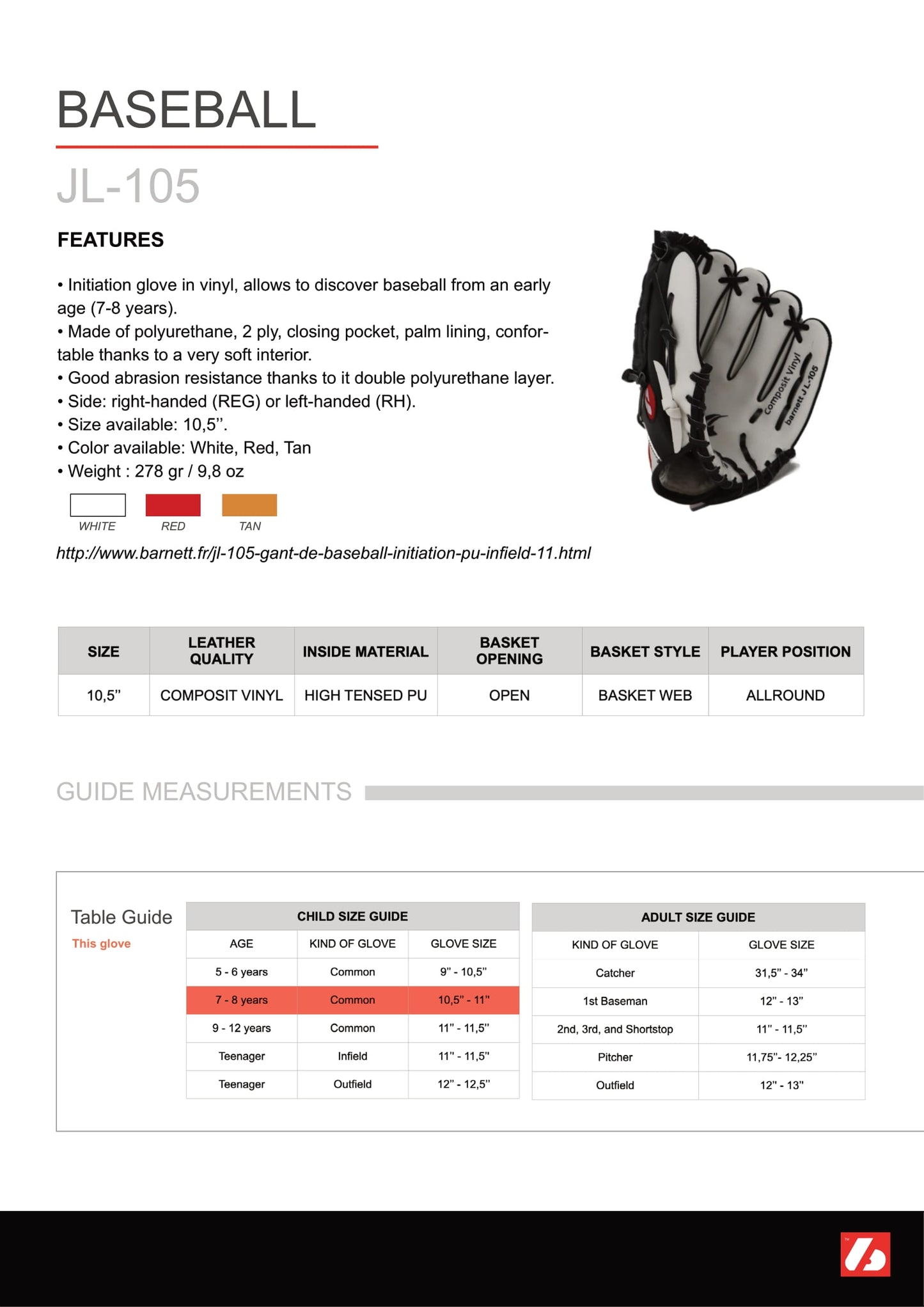 JL-105 baseball glove, outfield, polyurethane, size 10,5", WHITE
