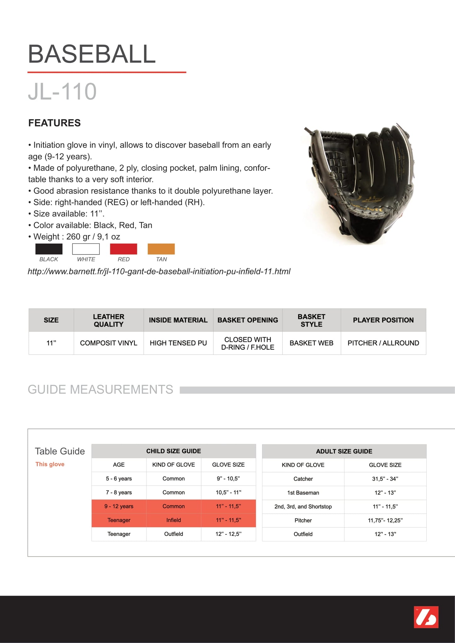 JL-110 baseball glove, outfield, polyurethane, size 11", TAN