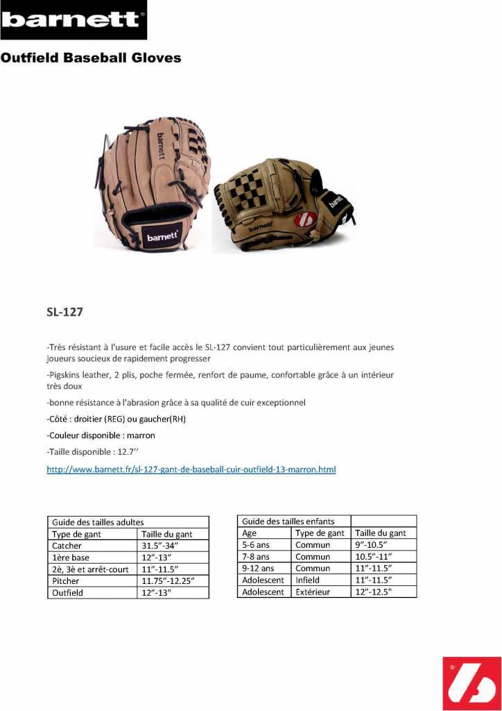SL-127 leather baseball glove, outfield, size 12.7, Brown