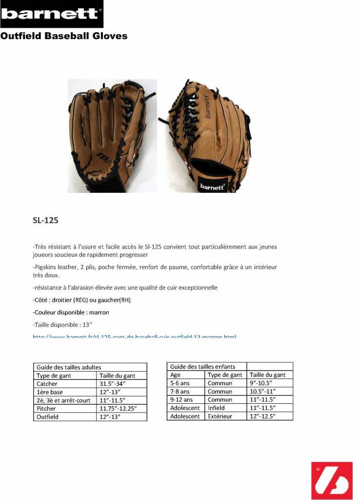 SL-125 Baseball gloves in leather outfield, size 12.5, Brown